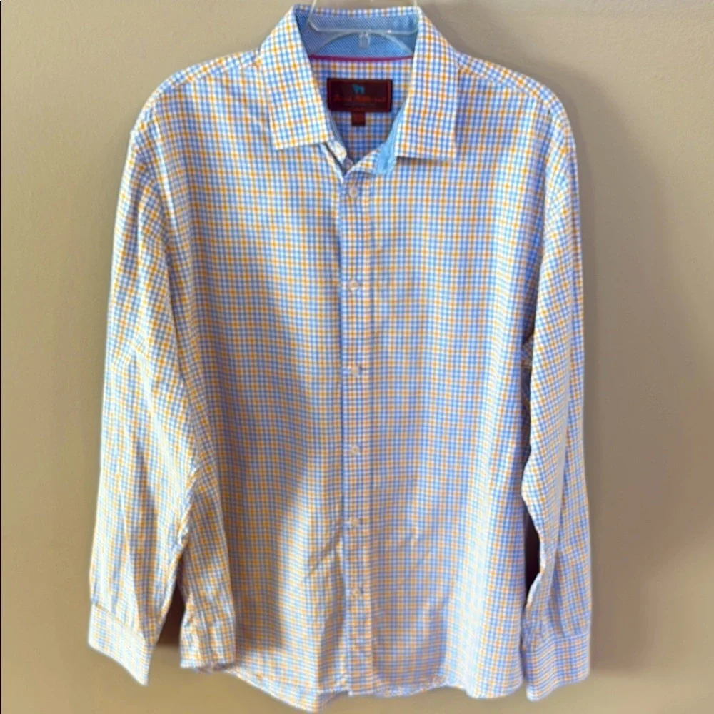 James tattersall London Men's cotton Blue Yellow gingham plaid casual shirt XL